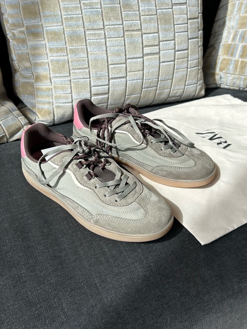 Zara Sage Green Suede Sneakers with Pink Heel